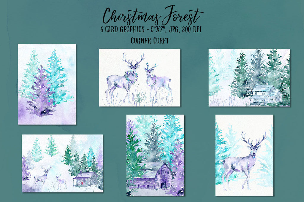 Christmas card template, template, card, greeting cards, forest, deer, blue, green, purple 