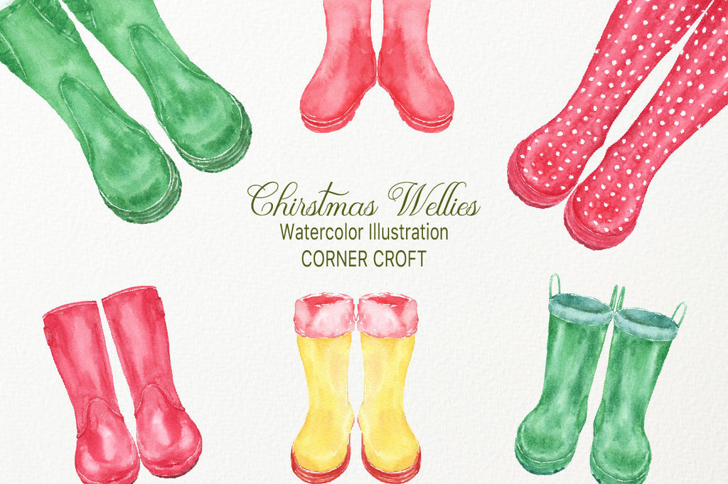 Watercolor clipart of Christmas rain boots, green boots, red boots, Christmas decorations