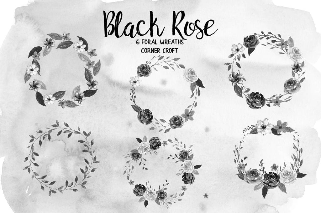 Watercolor Black Rose Floral Arrangements, black rose posy, black rose wreath for instant download