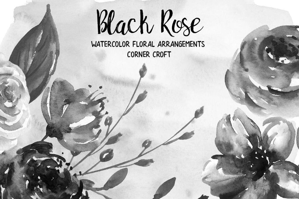watercolor black rose wreath and floral arrangement, watercolor clipart