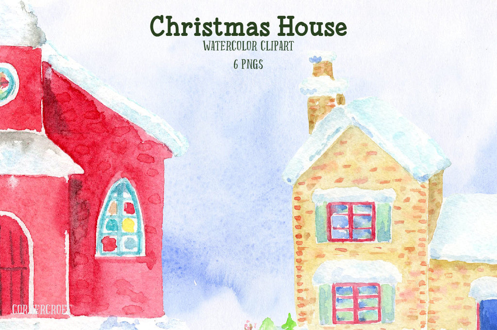 Watercolor houses, watercolor churches, American style houses, property, green, red, Christmas 