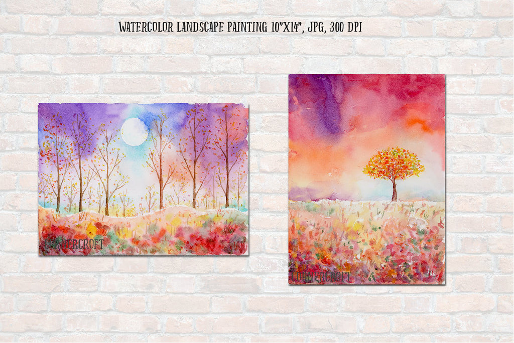 watercolor autumn color, instant download, watercolor landscape painting