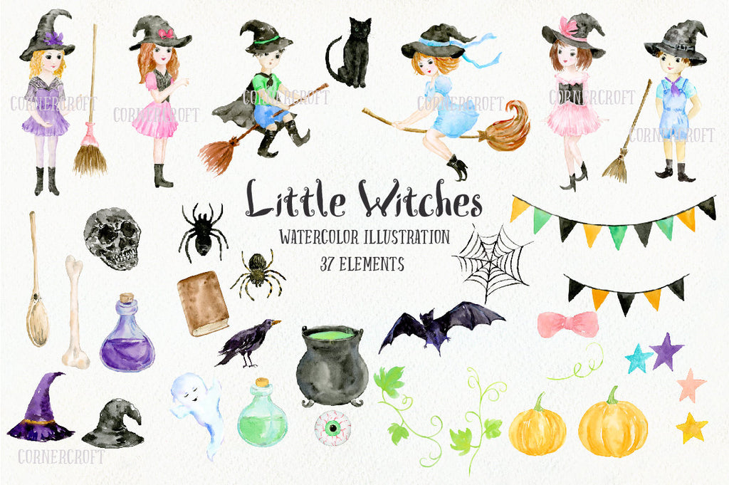 6 little girls and boys in Halloween costumes, together with halloween elements of black cat, bat, spiders, spiders web, eyeball, pumpkins, witch's brooms, witch's hats, buntings and bottles,