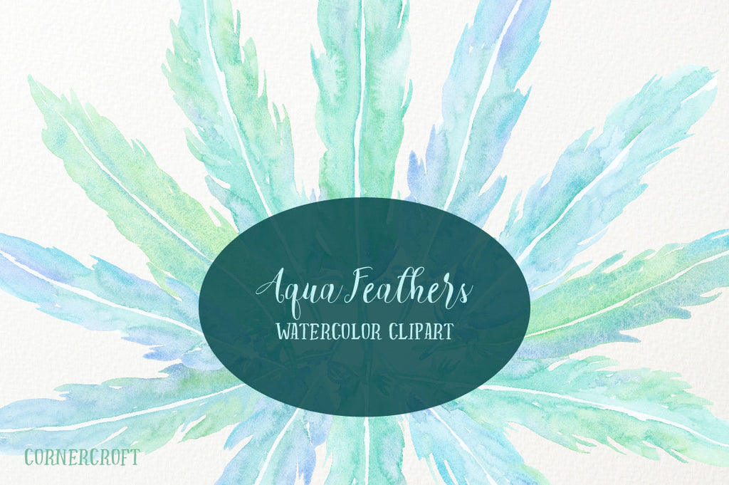 Hand painted watercolor aqua feathers, aqua themed feathers, blue, green and turquoise feathers for instant download