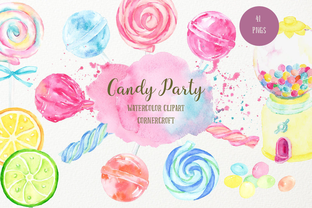 Hand painted watercolour clipart of sweets, candies, lollipops and sweet machine