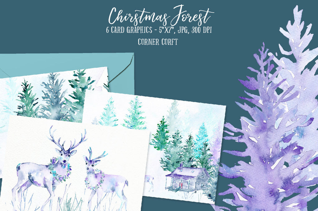 Christmas card template, template, card, greeting cards, forest, deer, blue, green, purple , blank card