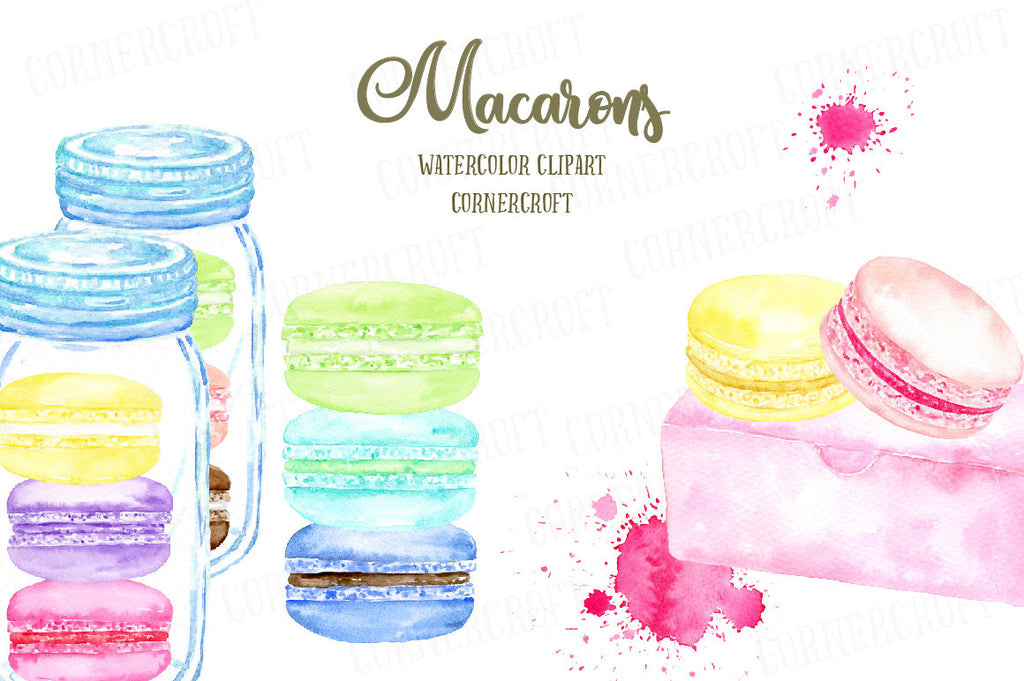 watercolor pastel color macarons, pink macaron, purple macaron, blue macaron, green macaron, chocolate macarons, mason jar macarons