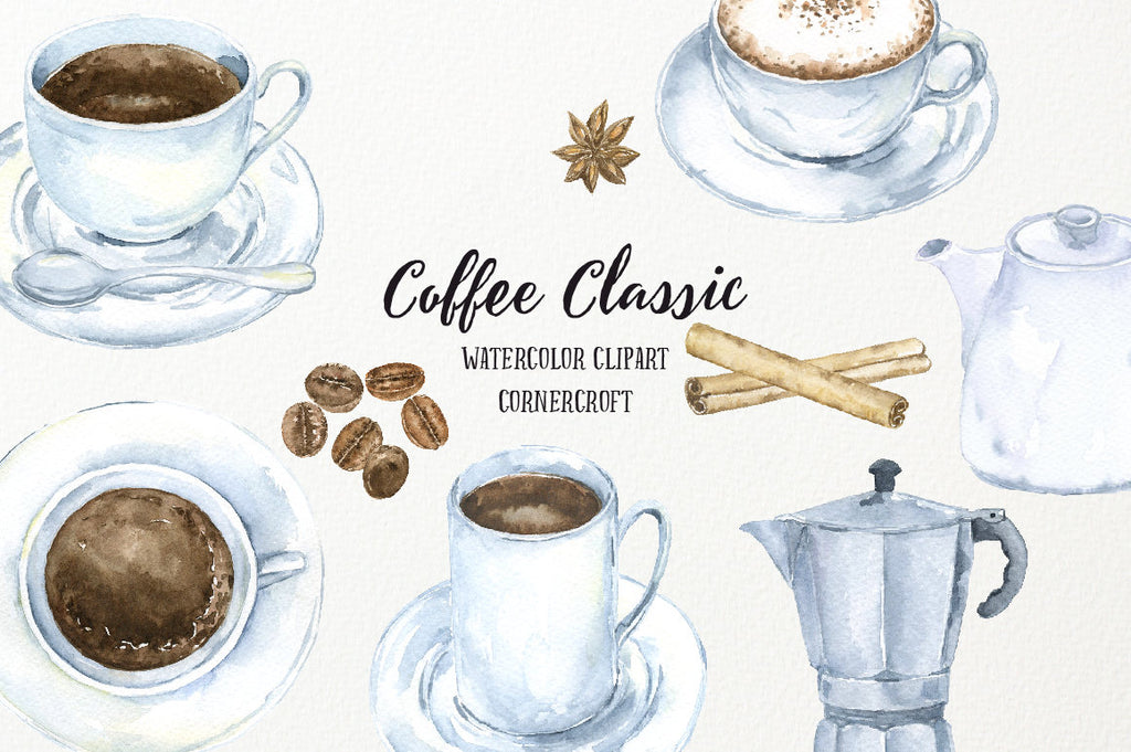 hand painted watercolor clipart classic coffee, cup of coffee, cinnamon stick, cappuccino