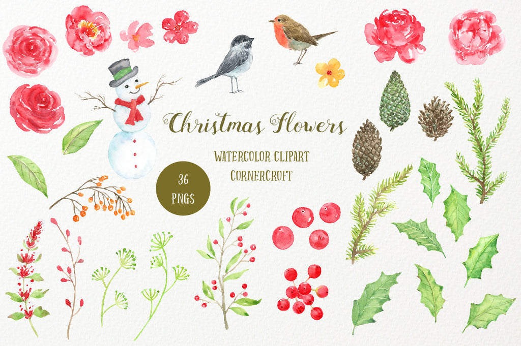 Watercolor Clipart Christmas Flowers - red flowers, snowman, pine cones, robin, chickadee 
