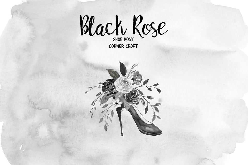 black rose posy, shoe posy, hand painted black roses, black rose, rose clipart, leaves, black shoe, wedding invitation 