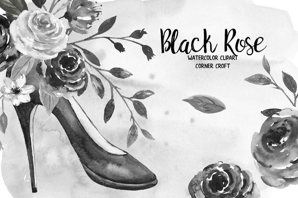 black rose clipart, clipart, watercolor black roses, shoe, black shoe, rose illustration