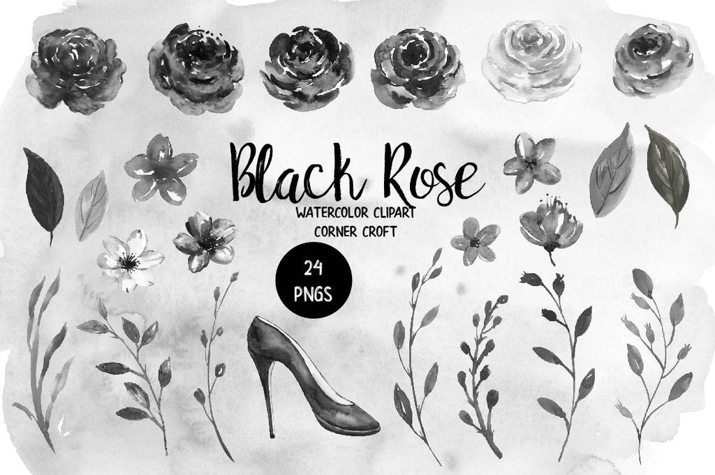 hand painted black roses, black rose, rose clipart, leaves, black shoe, wedding invitation 
