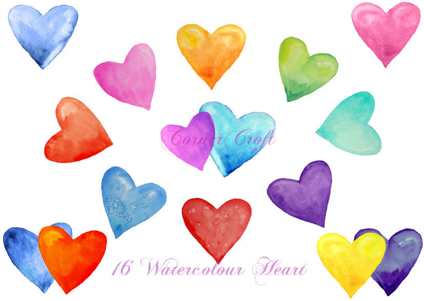 watercolor heart clipart, pink, blue, green, purple heart illustration, instant download 