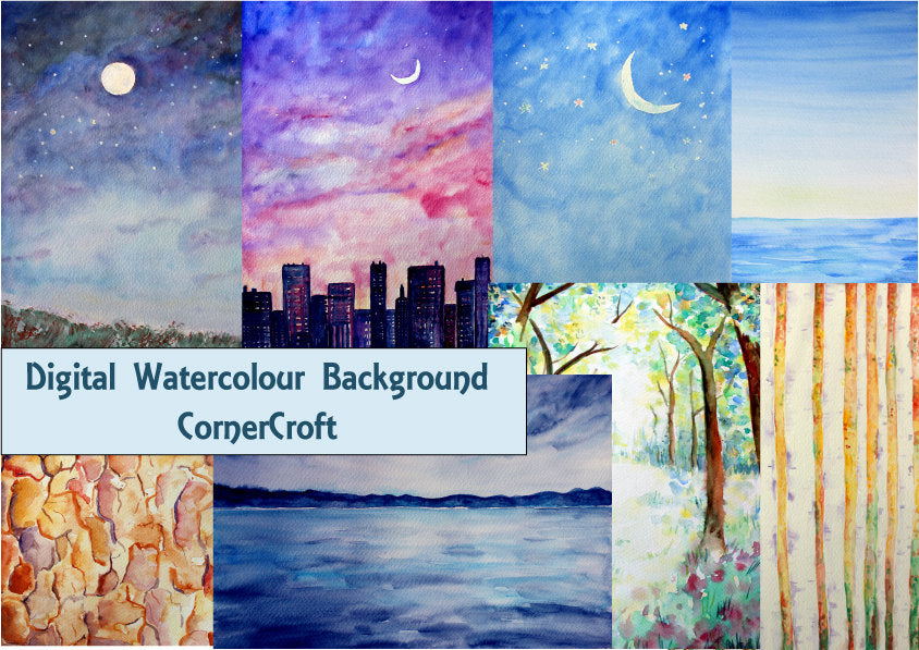 watercolor nature backgrund, night cityscape, moon light, night view, sea view, woodland, birchwood and tree bark