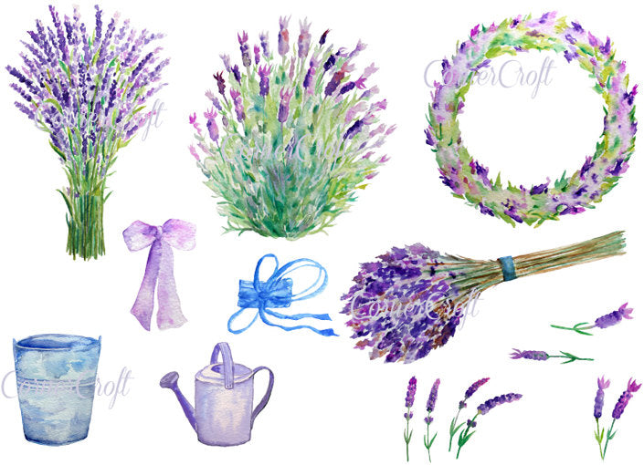 Watercolor lavender illustration, instant download, plant pot, sprig of lavender 