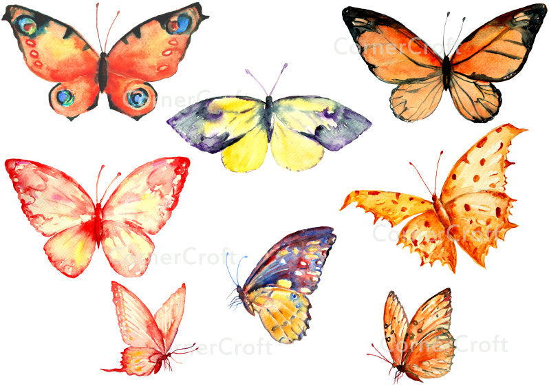 watercolor clipart, orange butterfly, yellow butterfly, butterfly clipart, corner croft clipart