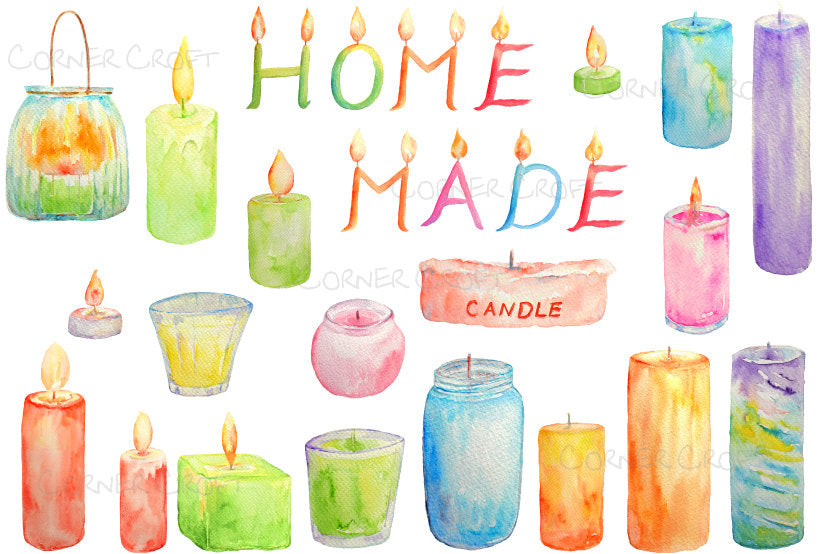 Watercolor clipart scented candles letter candles printable instant download for scrapbook, shop logos