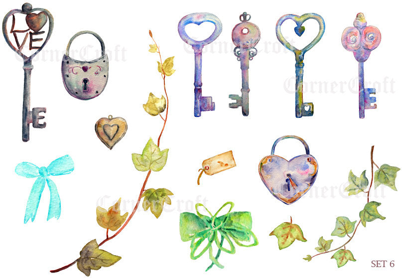 watercolor rustic lock and key, ivy leaf, wedding clipart