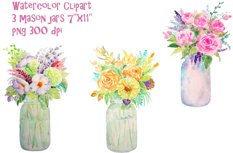 Mason jar rose, vase of rose, watercolour clipart, instant download 
