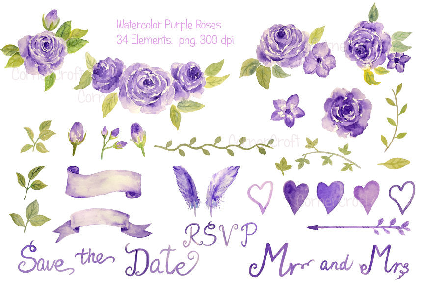 watercolor wedding clipart, wedding roses, purple rose, wedding invitation 