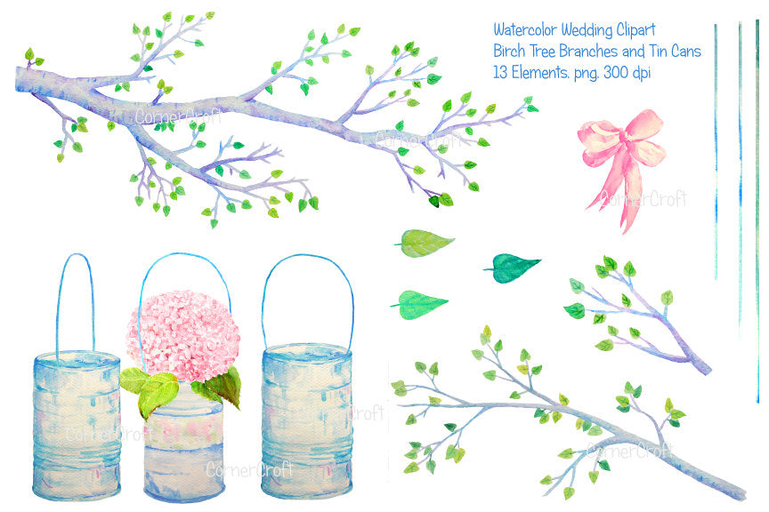 watercolor clipart birch tree branch and tin cans for instant download 
