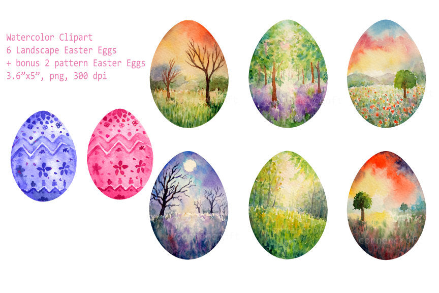 watercolor Easter egg clipart, landscape painting on eggs