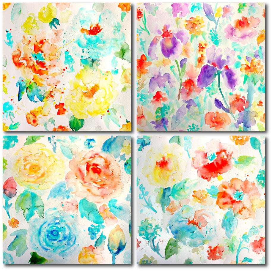 watercolor texture, abstract watercolor floral Patterns of roses, irises, poppies, daisies and ranunculus with paint splatters.