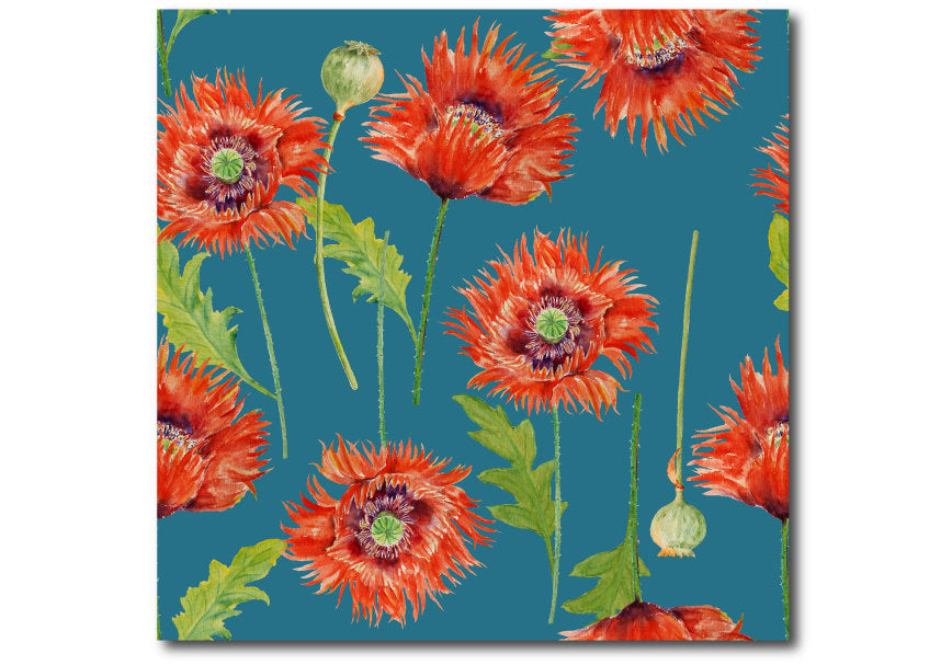 watercolor poppy pattern, blue background, seamless pattern 