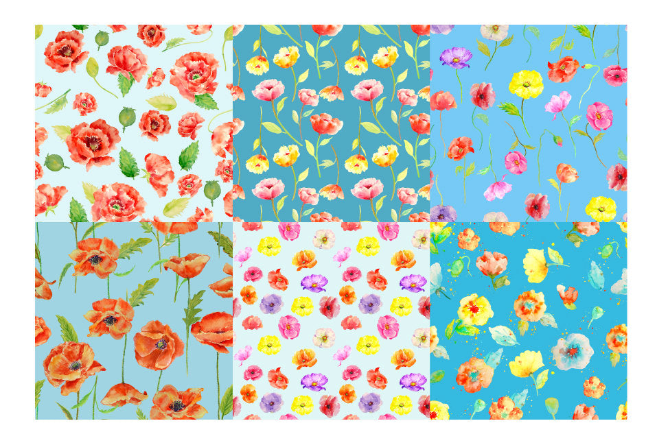 poppy pattern digital download, seamless pattern, blue background 
