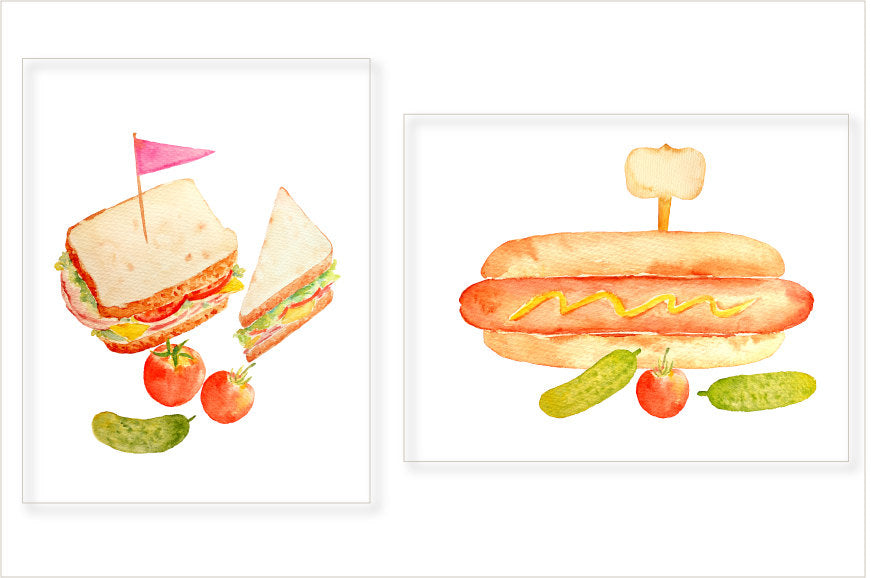 watercolor sandwiches, slice of sandwiches, bagel sandwich, hot dog, labels, signs, tomatoes and pickled gherkins.