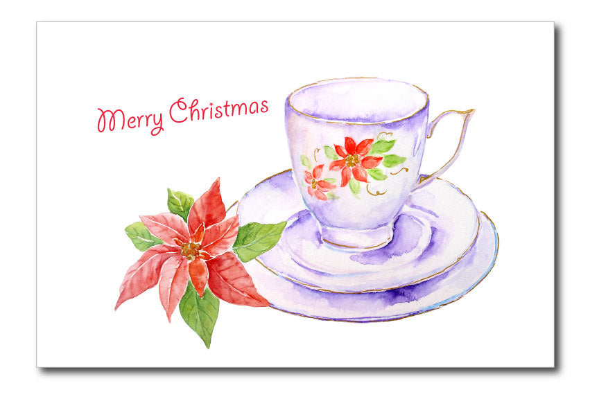 watercolor Christmas tea cup clipart, white tea cup with poinsettia, holly and ivy leaves