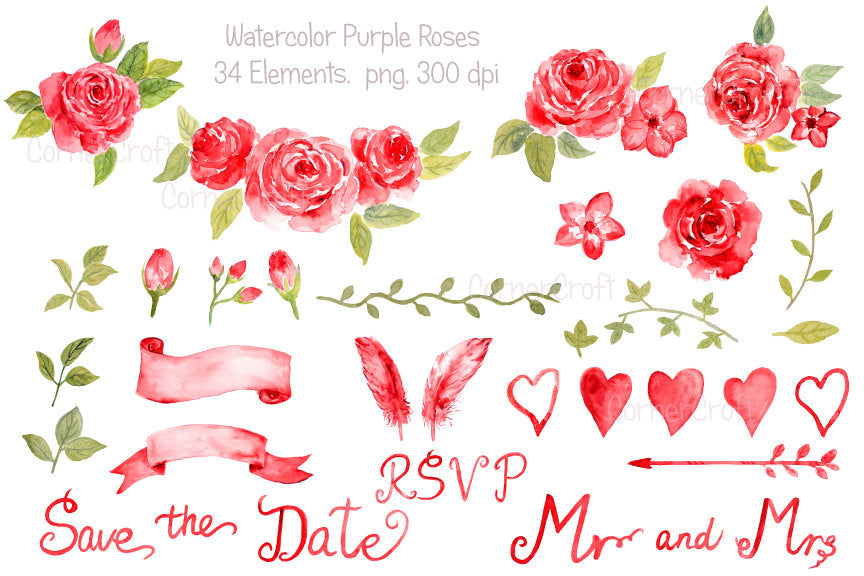 watercolor red rose collection, wedding rose, instant download 