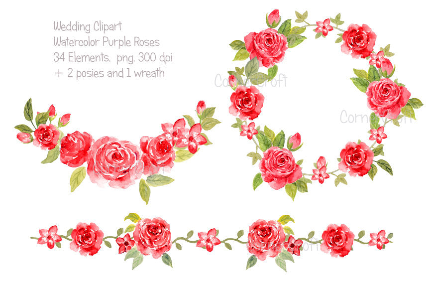 watercolor red rose collection, wedding rose collection, red roses, valentine roses