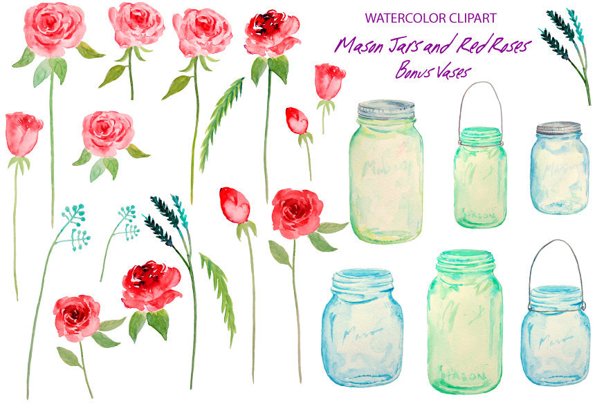watercolor mason jar and red rose, wedding clipart, instant download 