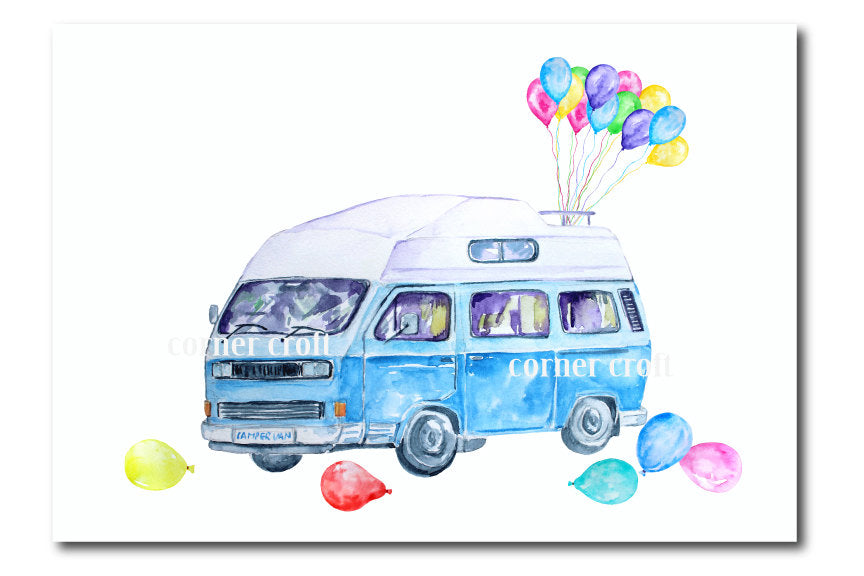greeting cards watercolor campervan, leisure vehicle, class camper van, balloons, pink, yellow and blue
