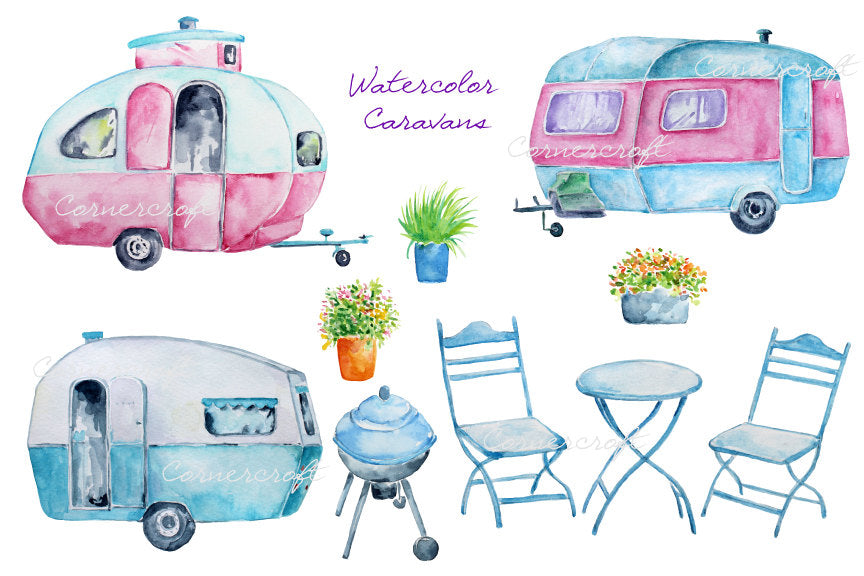 watercolor clipart vintage caravan, instant download, barbecue, table and chair