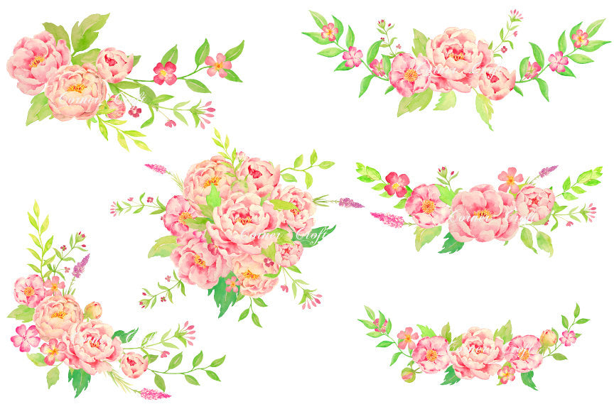 Watercolor peony bouquet, posy and corners, pink peony compositions