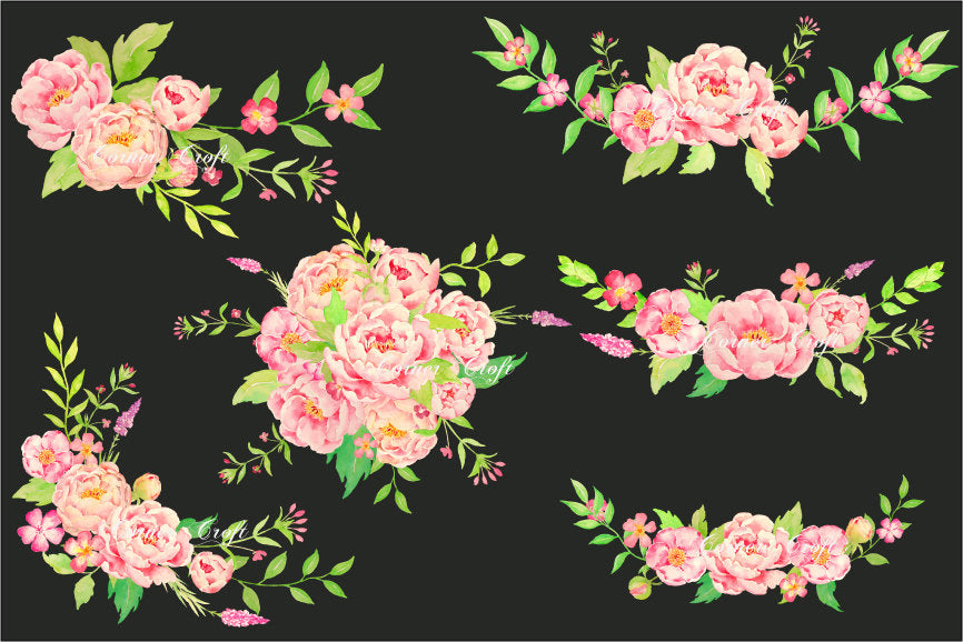 Watercolor peony bouquet, posy and corners, pink peony compositions