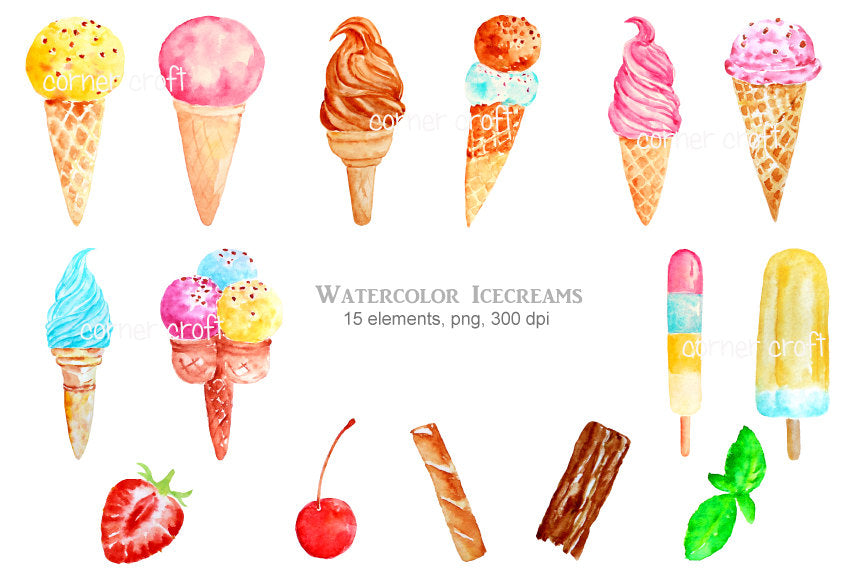 watercolour ice cream elements, digital file, realistic watercolour ice creams  
