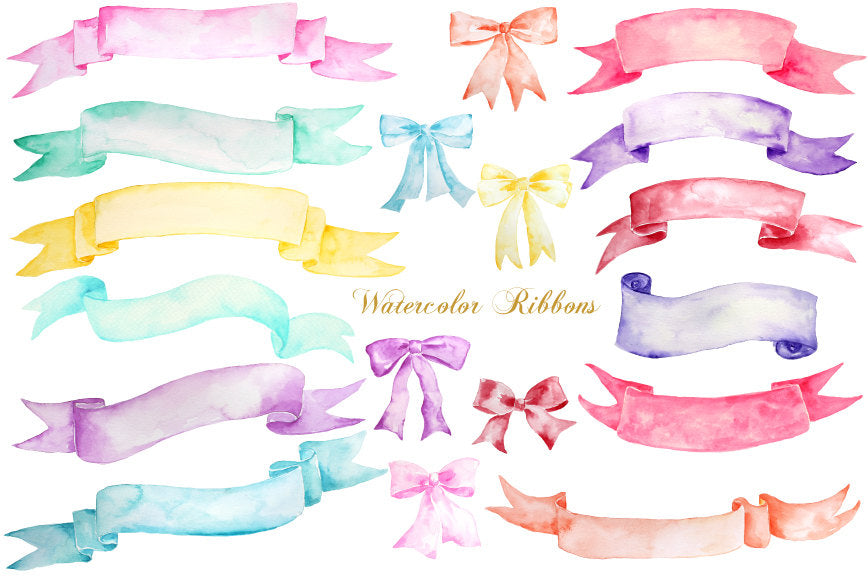 Hand painted watercolor banners, watercolor ribbons and watercolor bows pink blue, purple and yellow