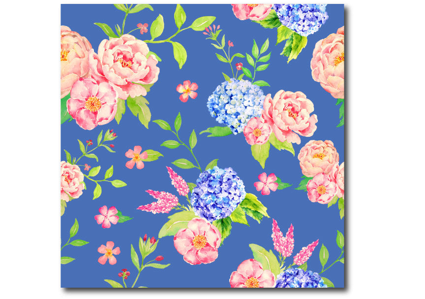 watercolor peony pattern, blue background, instant download 