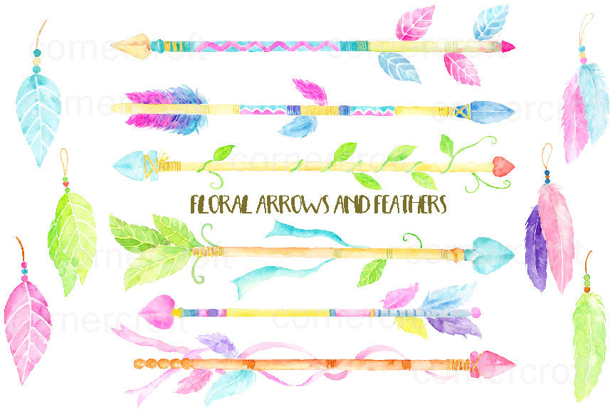 Watercolor floral feathers, arrows, boho arrow, floral arrows, leaf arrows, corner croft, 