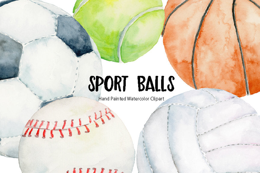 watercolor clipart of soccer, football, tennis ball, basket ball, bowling ball, hockey puck, golf ball, volleyball