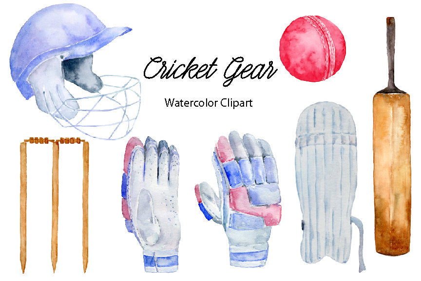 watercolor cricket equipment including cricket bat, gloves, leg pad, halmat and cricket stumps