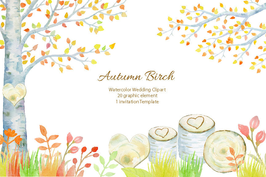 watercolor autumn birch tree, fall color, wedding invitation 