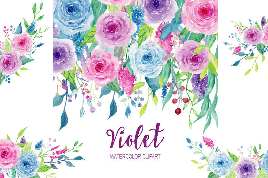 watercolor collection violet, pink and purple roses, instant download, floral posy