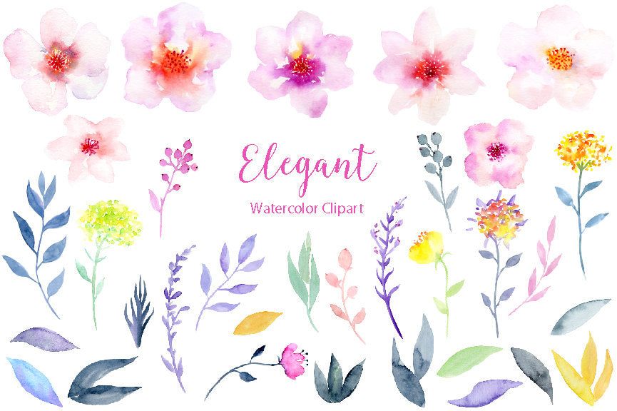 Watercolor collection elegant, pink rose, indigo leaf, blue leaf, daisy flower, instant download