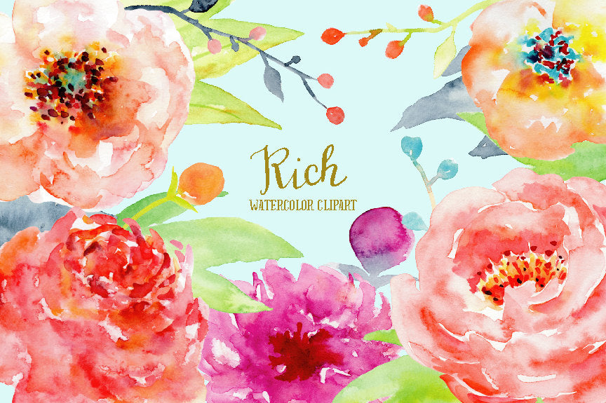 watercolor clipart rich, pink peony, red peony orange peony, instant download