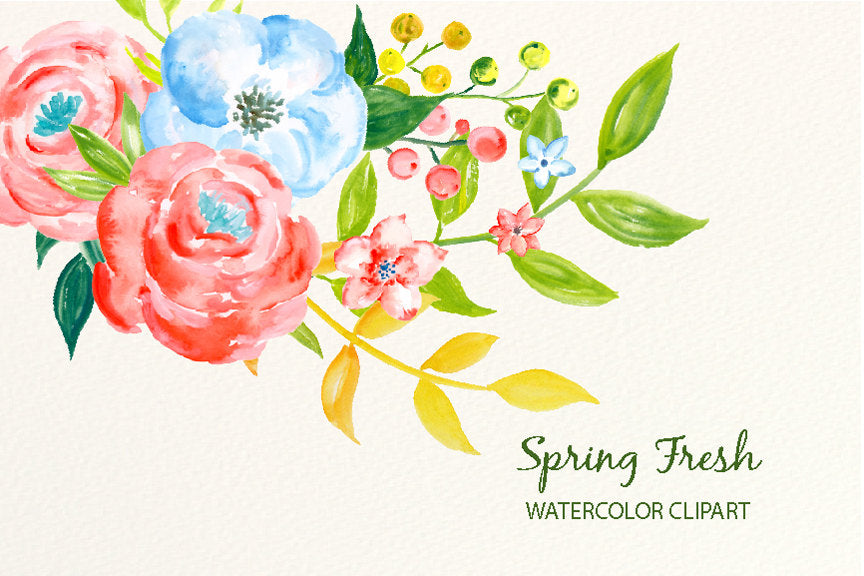watercolor clipart spring fresh, pink rose, blue flower, blue rose, instant download 