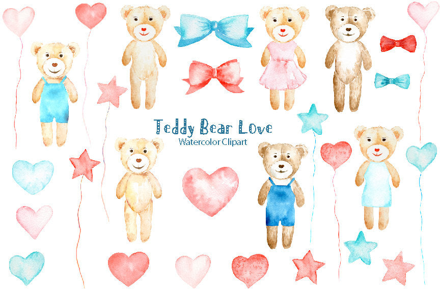watercolor teddy bear clipart, valentine clipart
